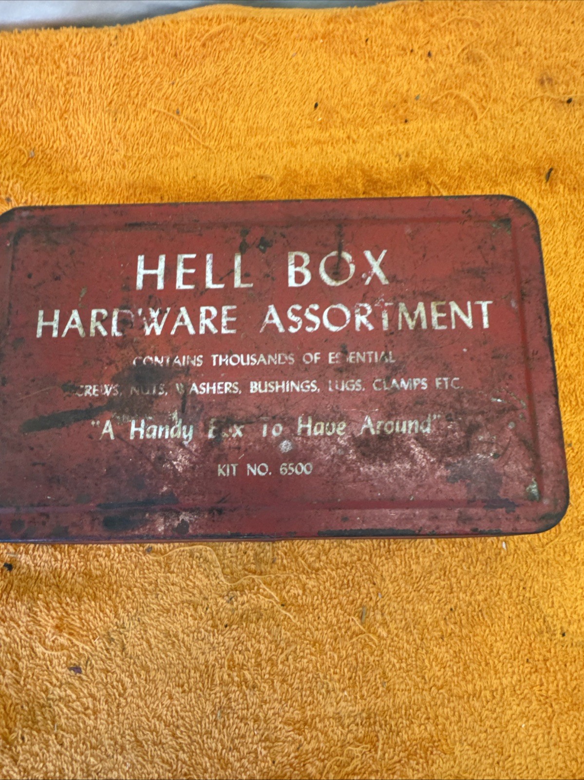 1H – Vintage Empty Red Hell Box Tin Tool Kit #6500 Measures 7.5”x4.5”x1”