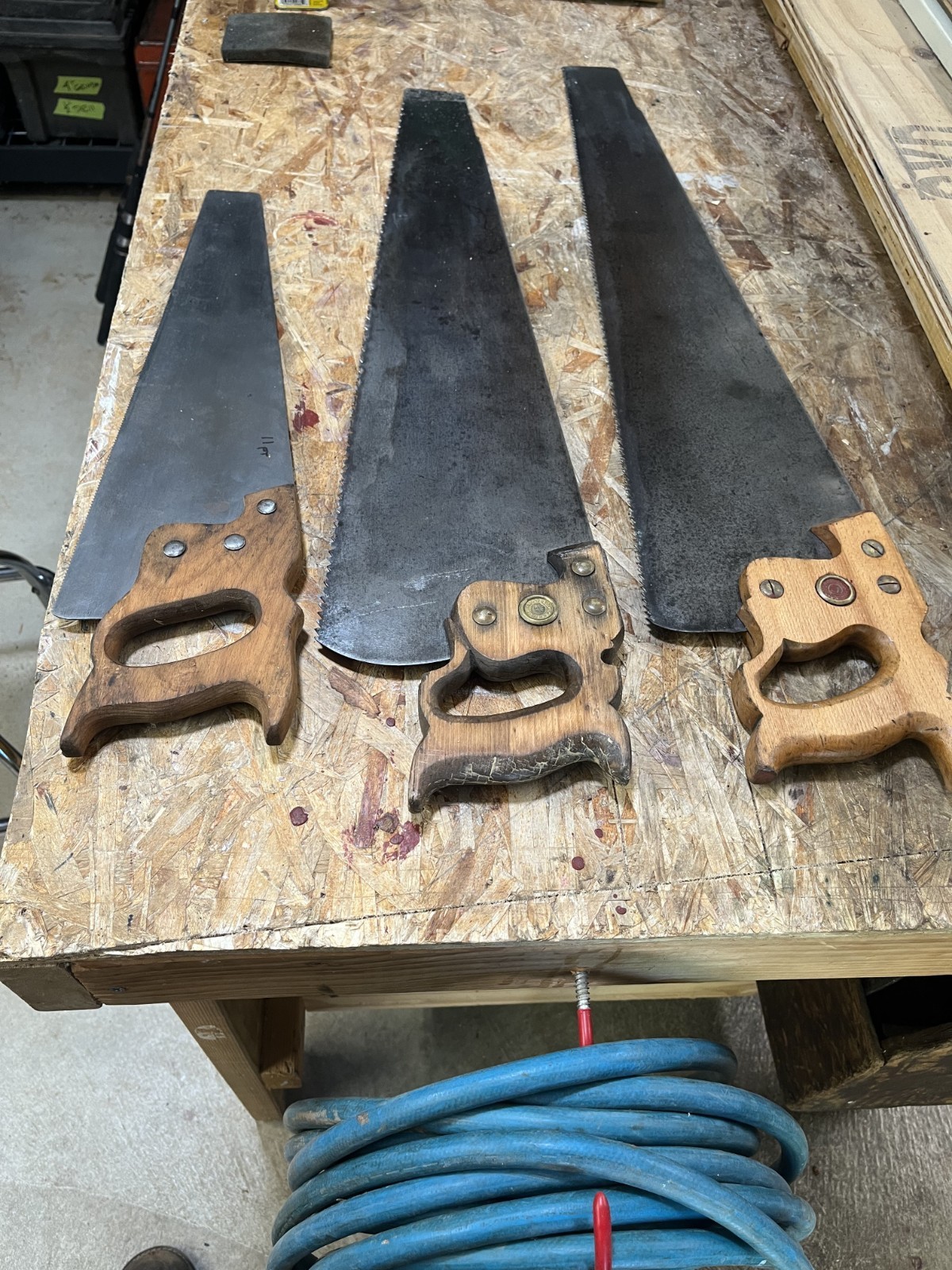 3 hand saws, (1) 11 pt x 18″ , (1) 5 pt x 26″ , (1) 6 pt x 28″