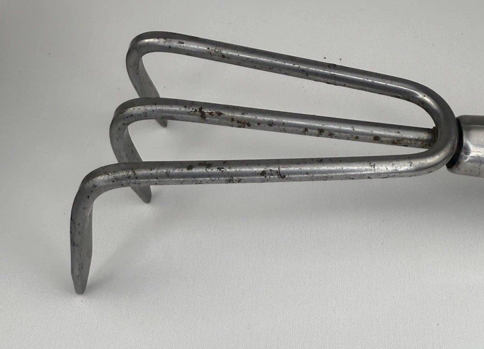 Vintage Hand Cultivator Claw Rake 3 Prong Stainless Steel Turned Wood Handle