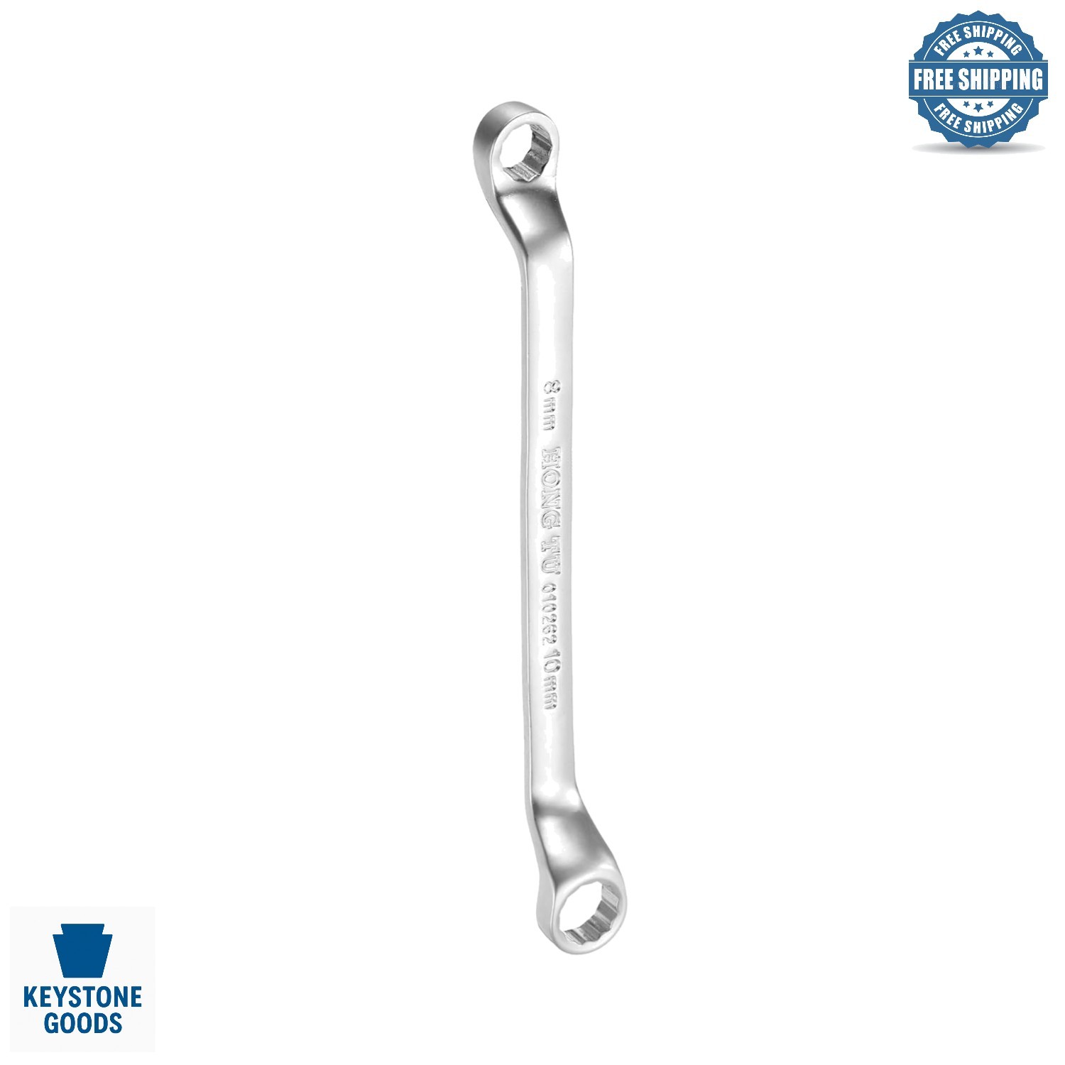Offset Double-End Box Wrench 8mm/10mm, 75° Offset, Carbon Steel, Long Spanner