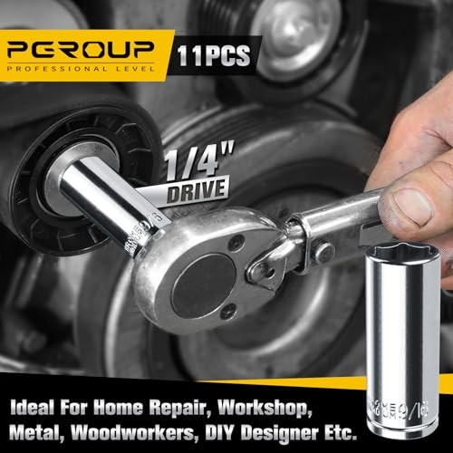 1/4” Drive SAE Socket Set, 11PCS Deep Hex Socket Set (3/16” 1/4-6PT-11PC
