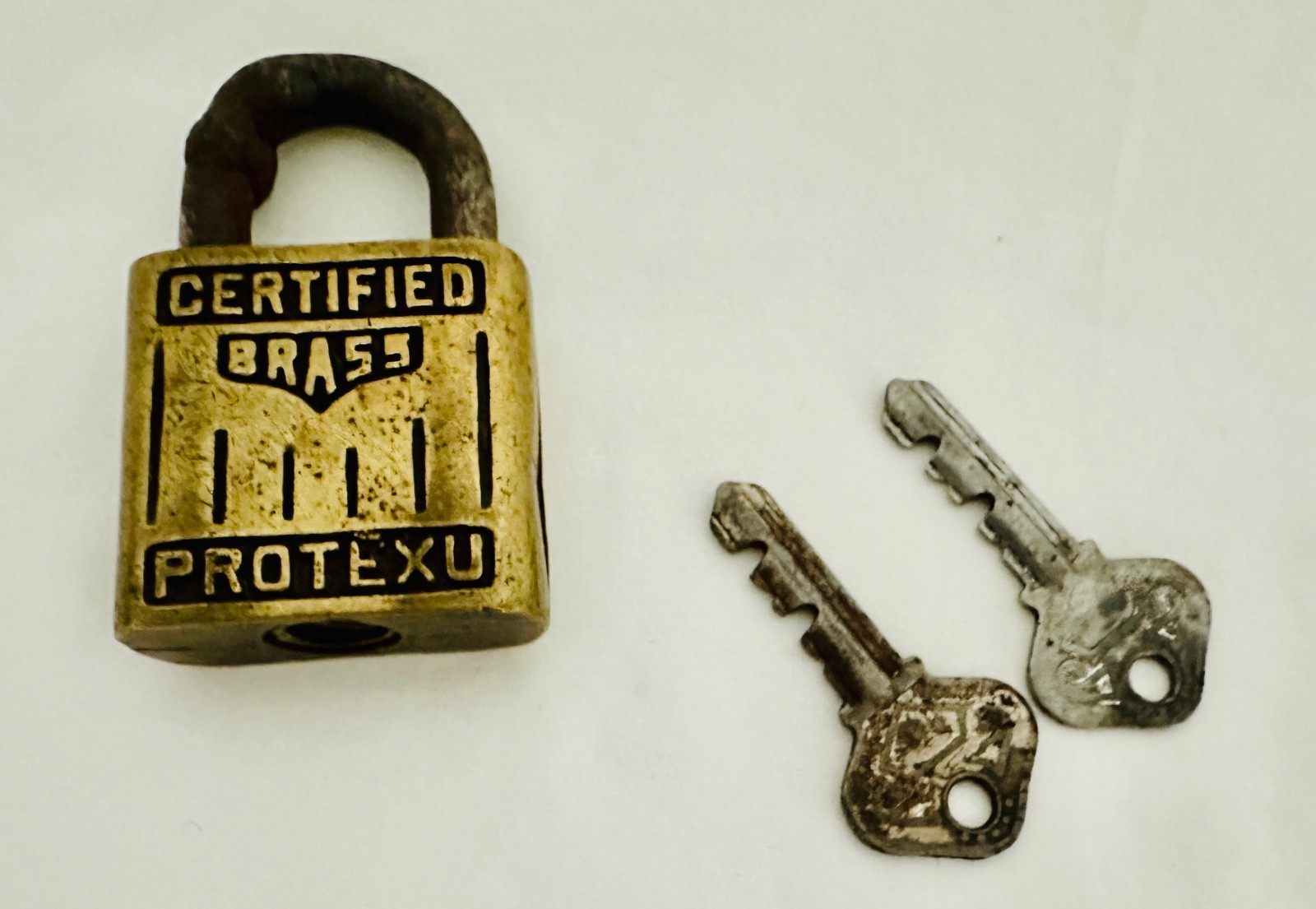 Protexu Padlock Vintage Old Antique Lock Brass Rectangle w. 2 Keys
