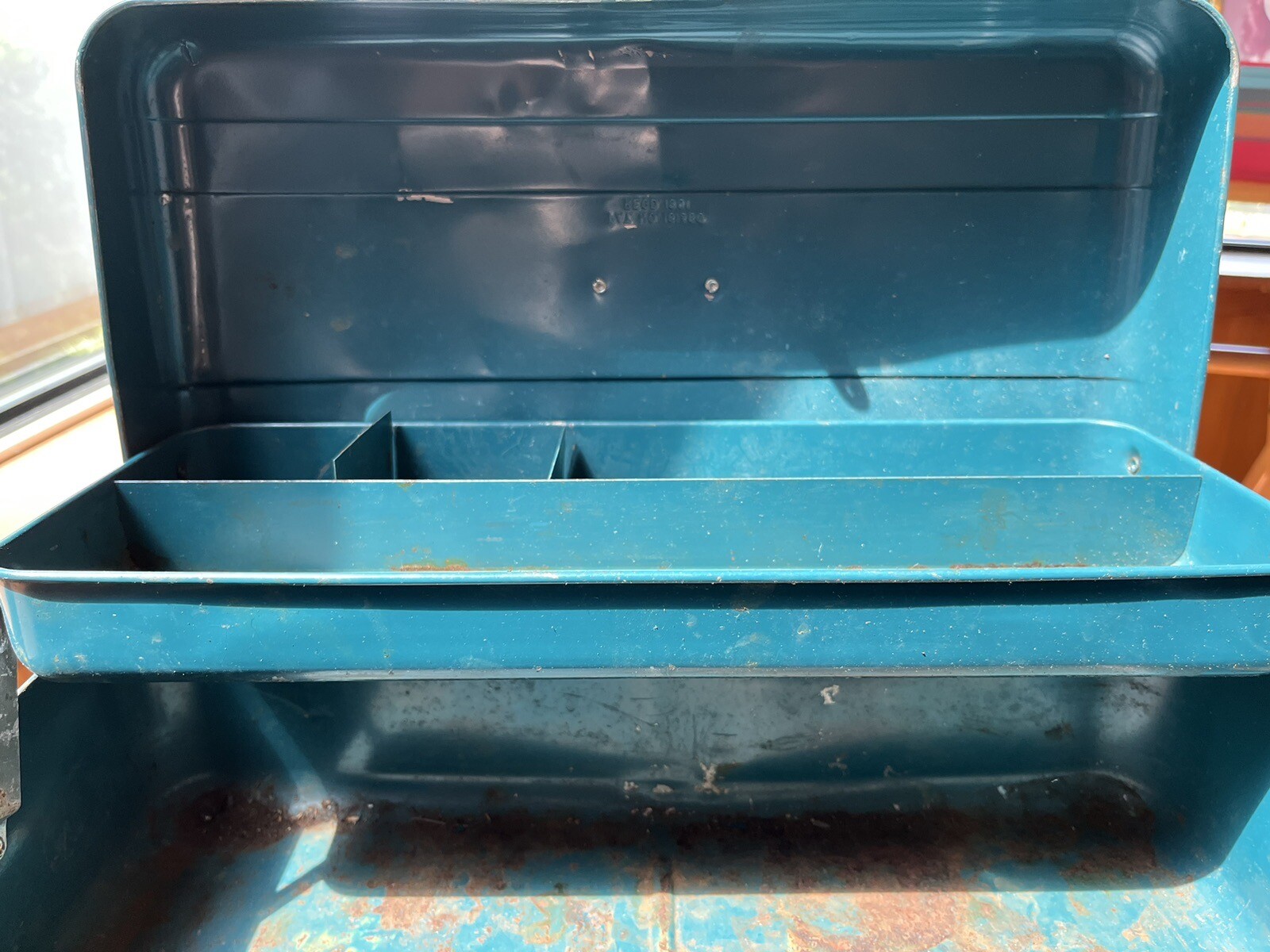 Vintage Union Steel Utility Chest Tool Fishing Box Leroy New York USA Blue Aqua
