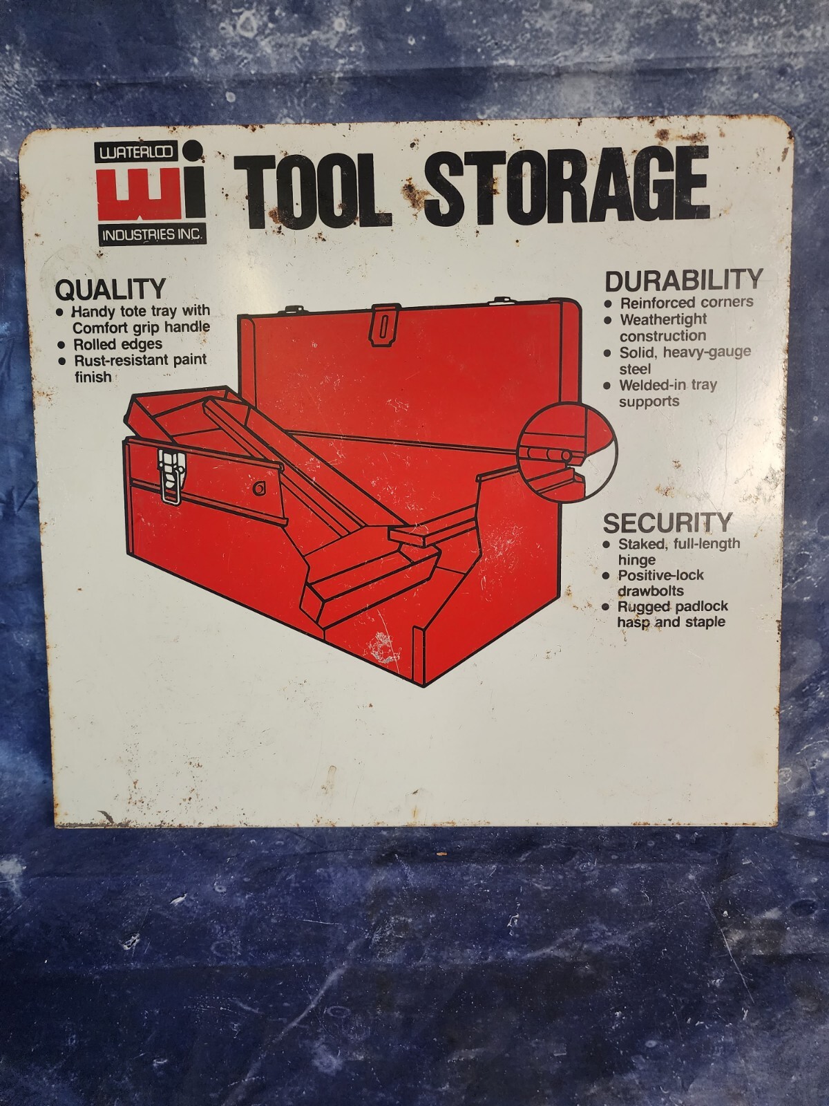 Rare Vintage Waterloo Tool Box Metal Toolbox Metal Flange Style Sign