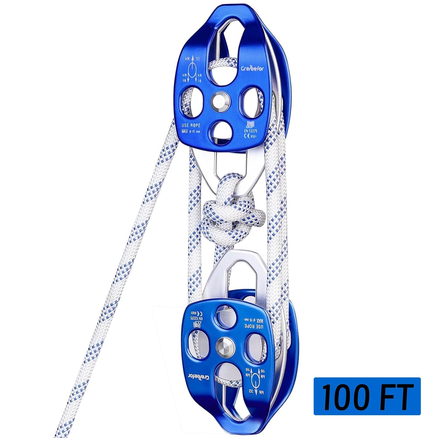 Heavy-Duty Double Block and Tackle Pulley System, 100Ft Rope, 7700 LB Strength