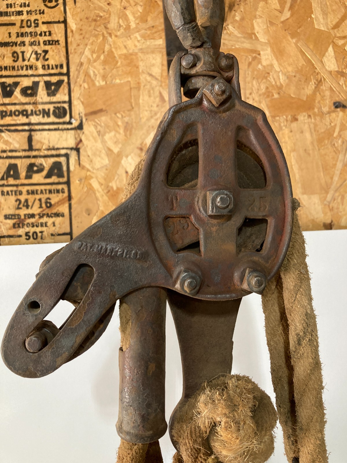 Antique Cast Iron Block & Tackle Double Pulley Set w/ Rope, & Working Rope Lock