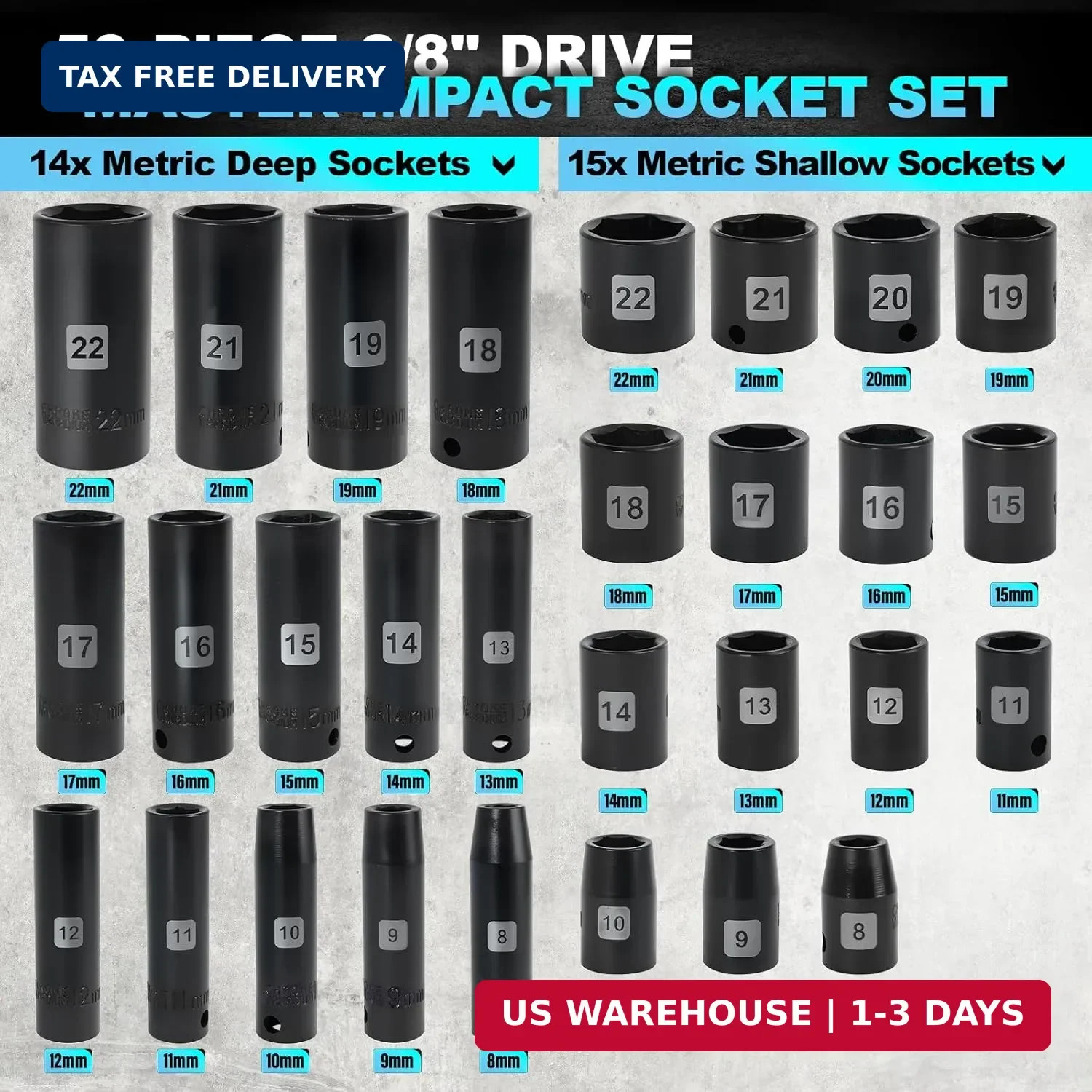 3/8 Impact Socket Set, 50 Piece SAE and Metric Set, Standard SAE (5/16 to 3/4 in