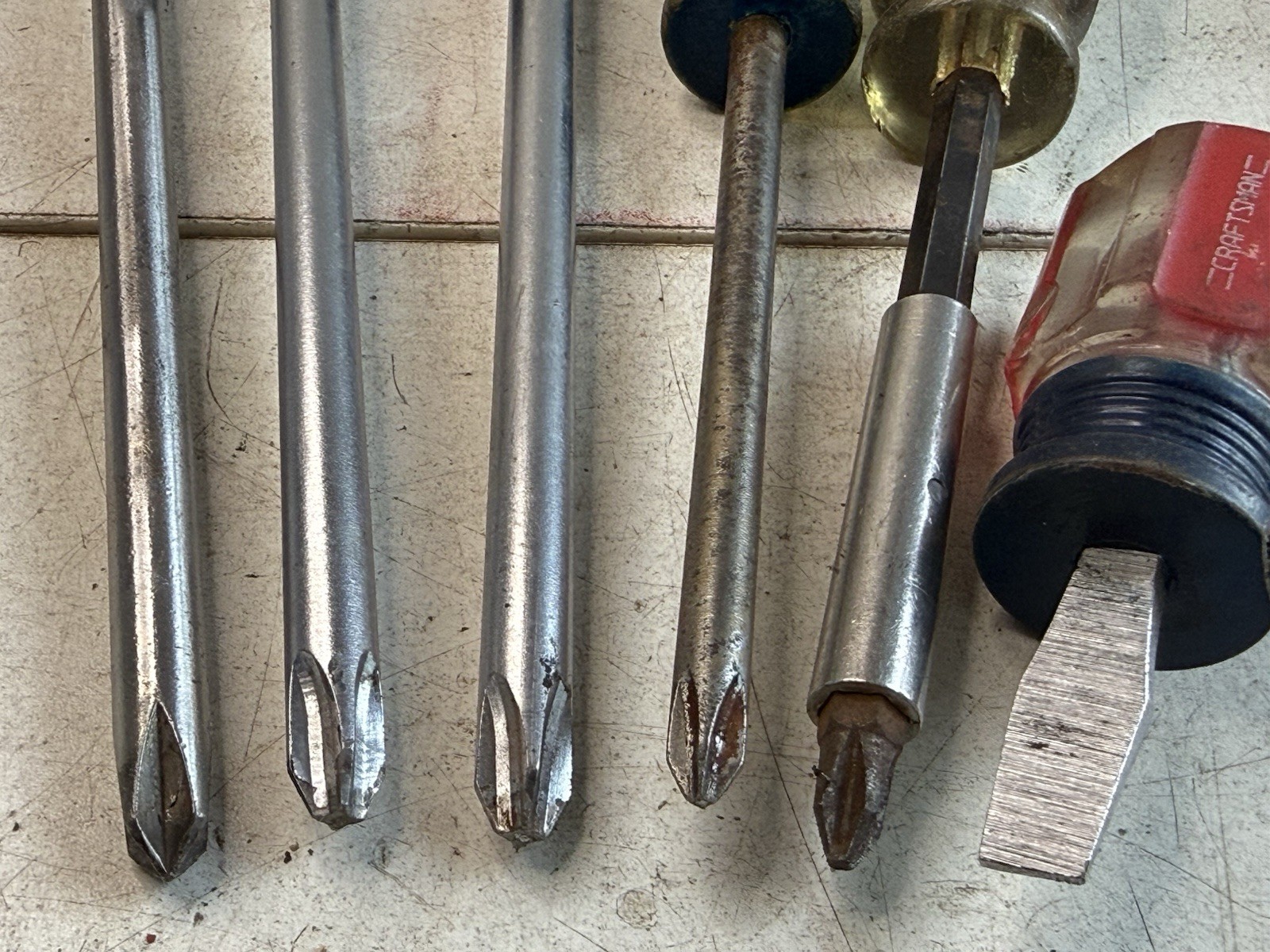 Vintage Assorted Tools Screwdrivers, Ball Peen, C clamps, vise grip, and others