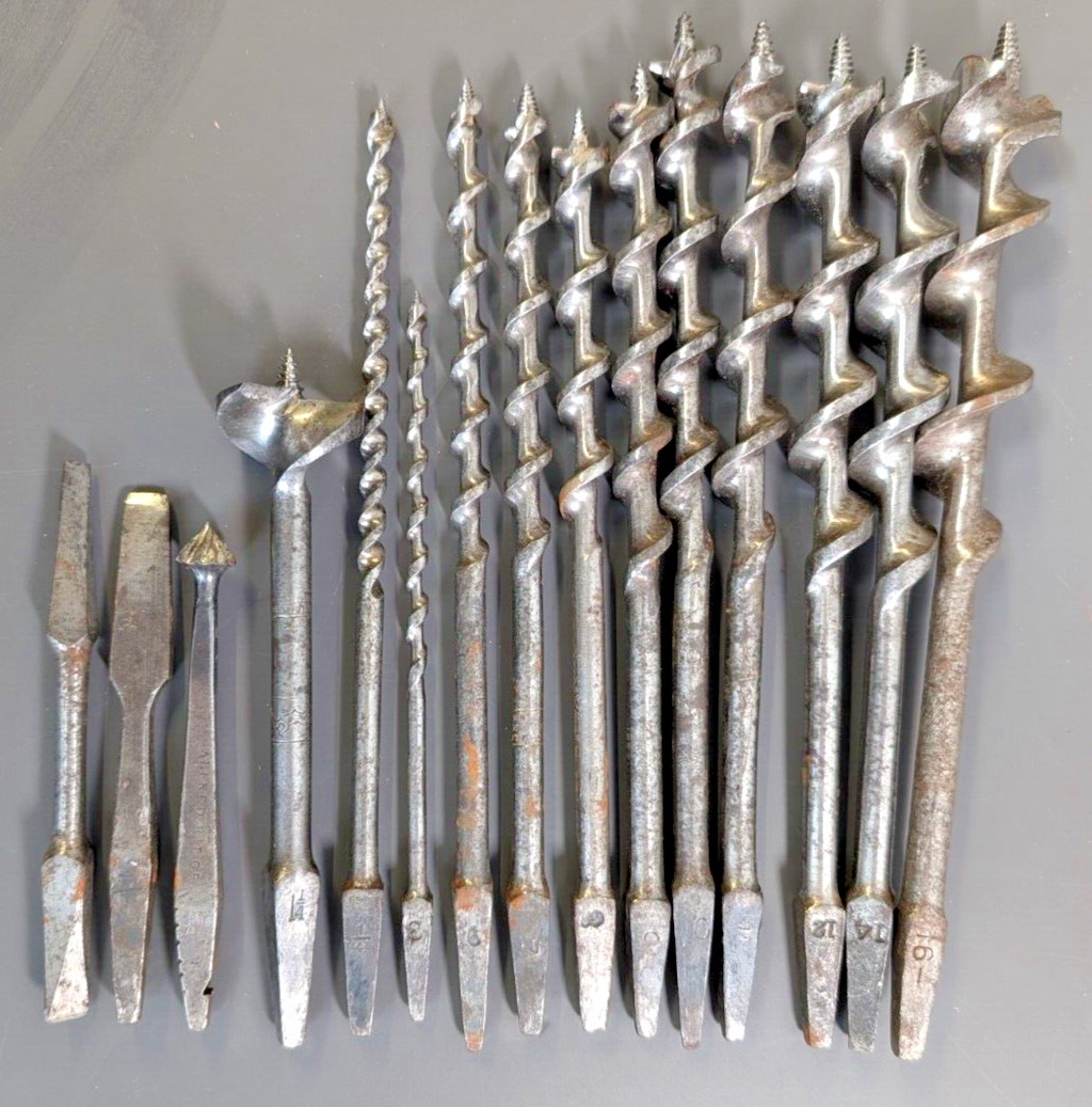 Vintage Set of 15 Auger Drill Bits Tools Set Irwin etc 16,14,12,11,10,9,8,7,6,3