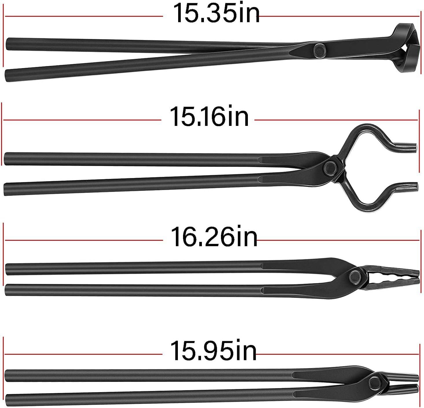 Beginner Blacksmith Tong Set Includes Flat, V Bit, Blade & Wolf Jaw Tongs 4-Pack