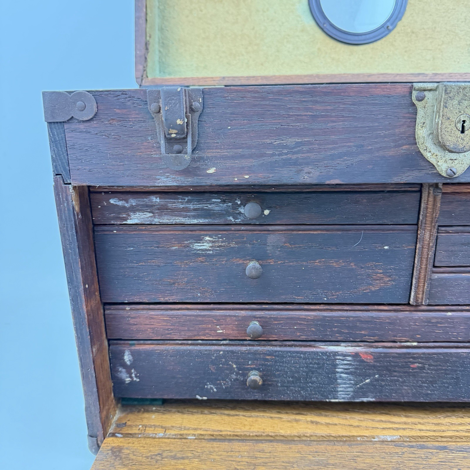 Vintage Oak Wood 7 Drawer Metal Corner Caps Machinist Chest Tool Box Industrial
