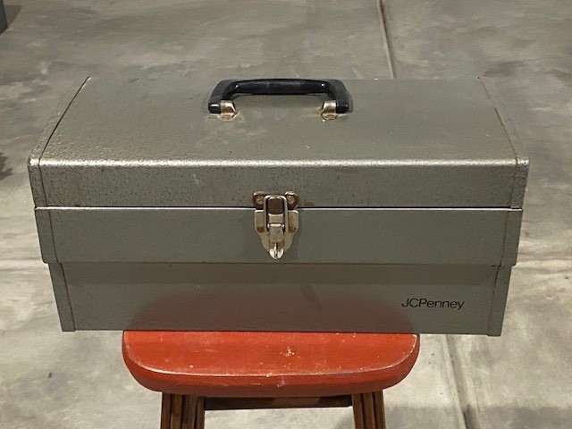 Vintage JC Penney Gray Metal Tool Box 16″x 70-1/2″x 7-1/2″ W/ Tray Nice