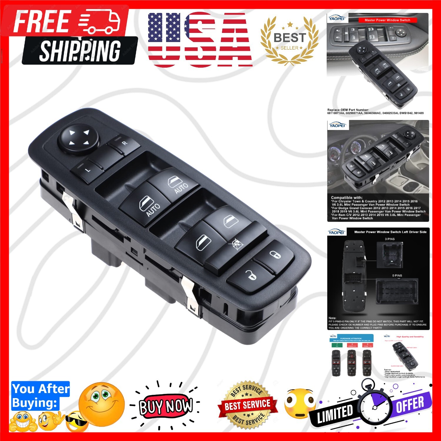 Master Power Window Switch Left Driver Side for Chrysler Town & Country 2012-201