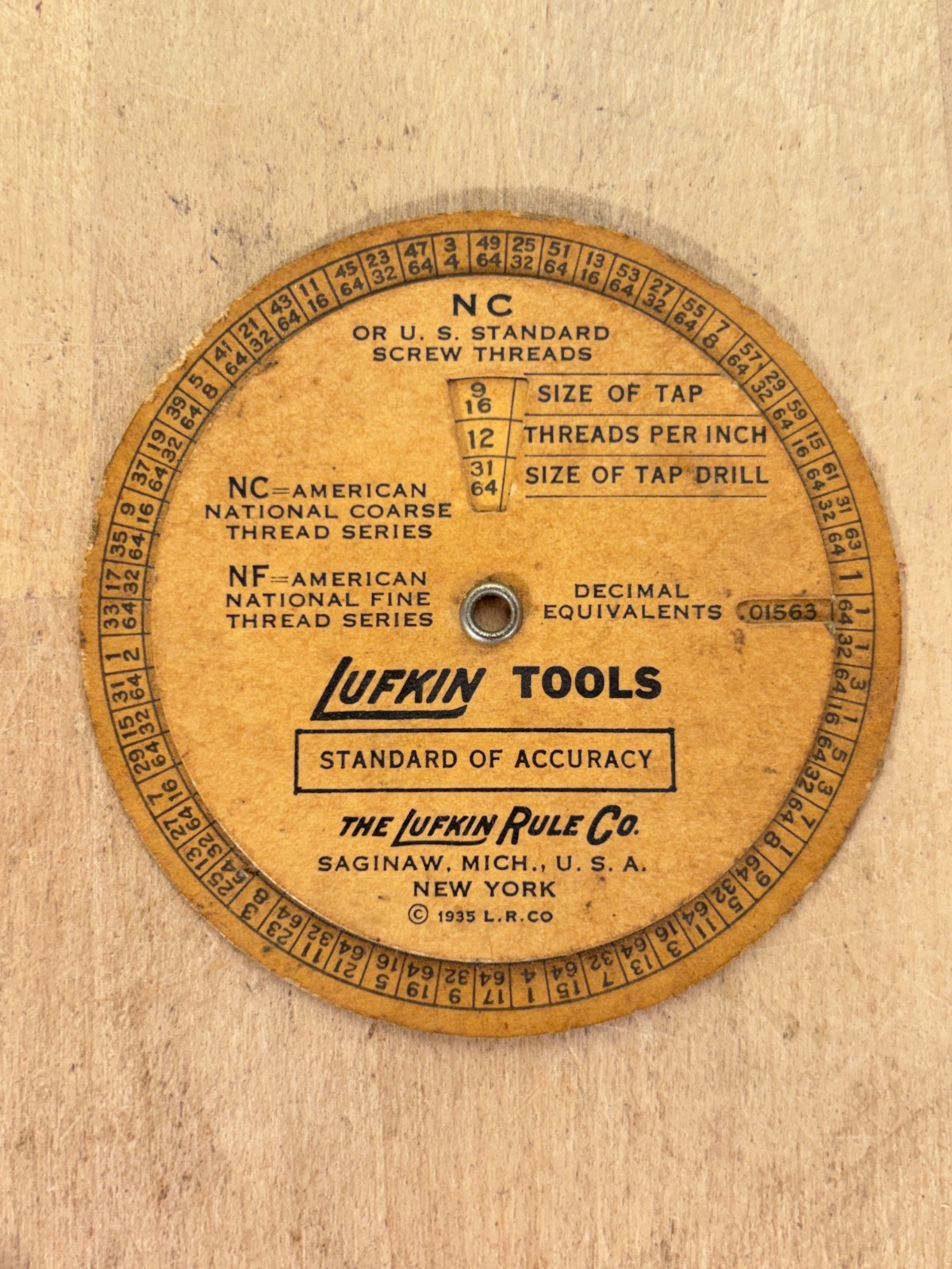 Lufkin Tap Drill Size Chart Circular Slide Rule Gauge 1935 USA Machinist Tool
