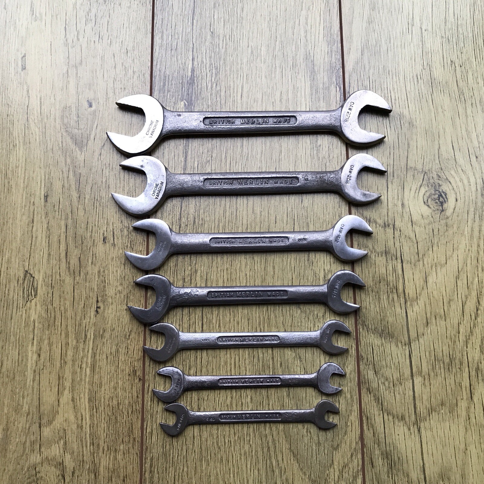 7 vintage Garrington Merlin 11/16” To 1/8″ Whitworth Spanners.