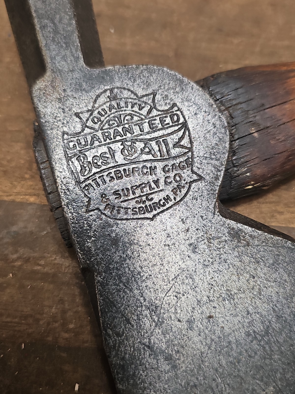 D58- Antique PITTSBURGH GAGE & SUPPLY CO. BEST ALL EMBOSSED HATCHET