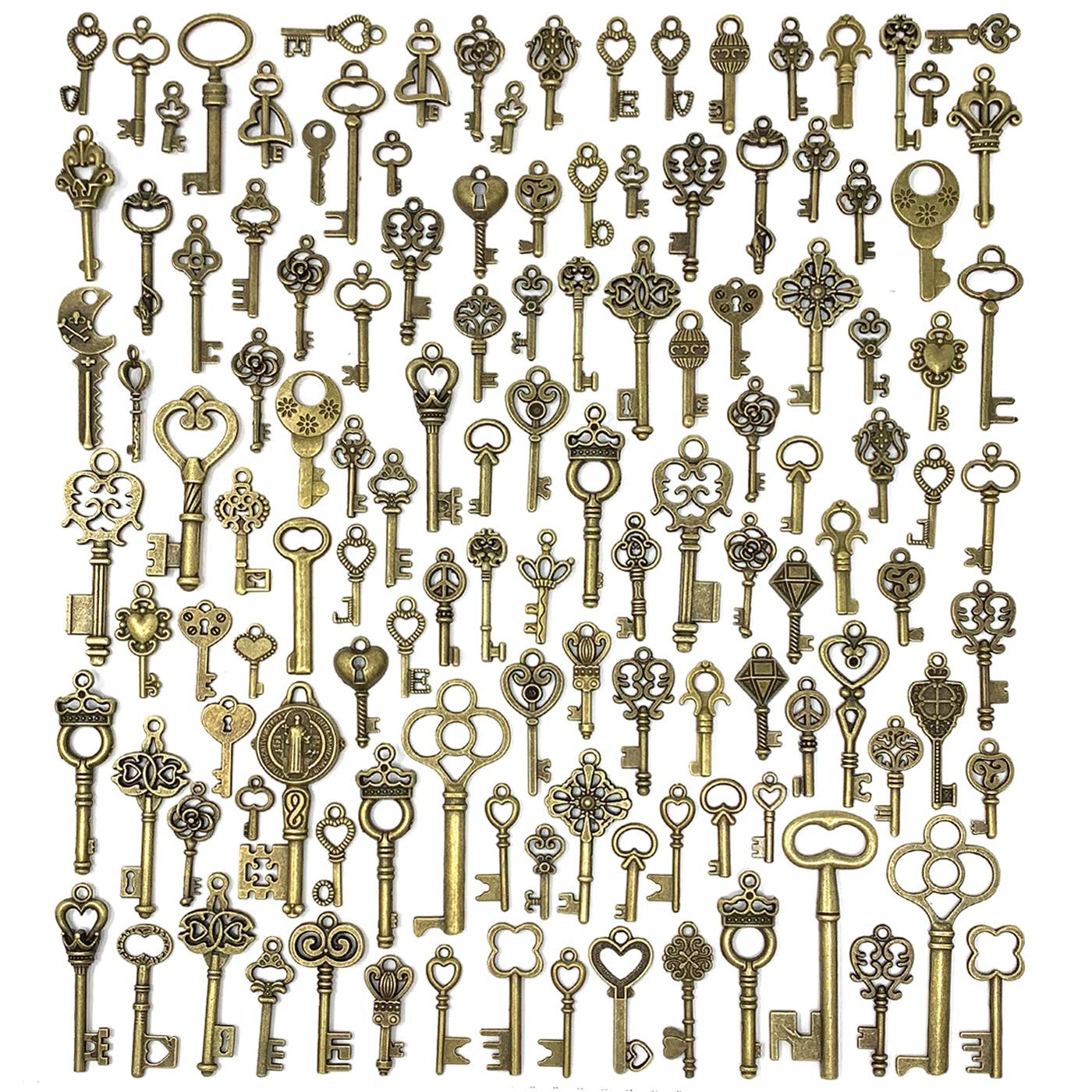 125 PCS Vintage Skeleton Key Set Charms, JIALEEY Mixed Antique Style Bronze Bras
