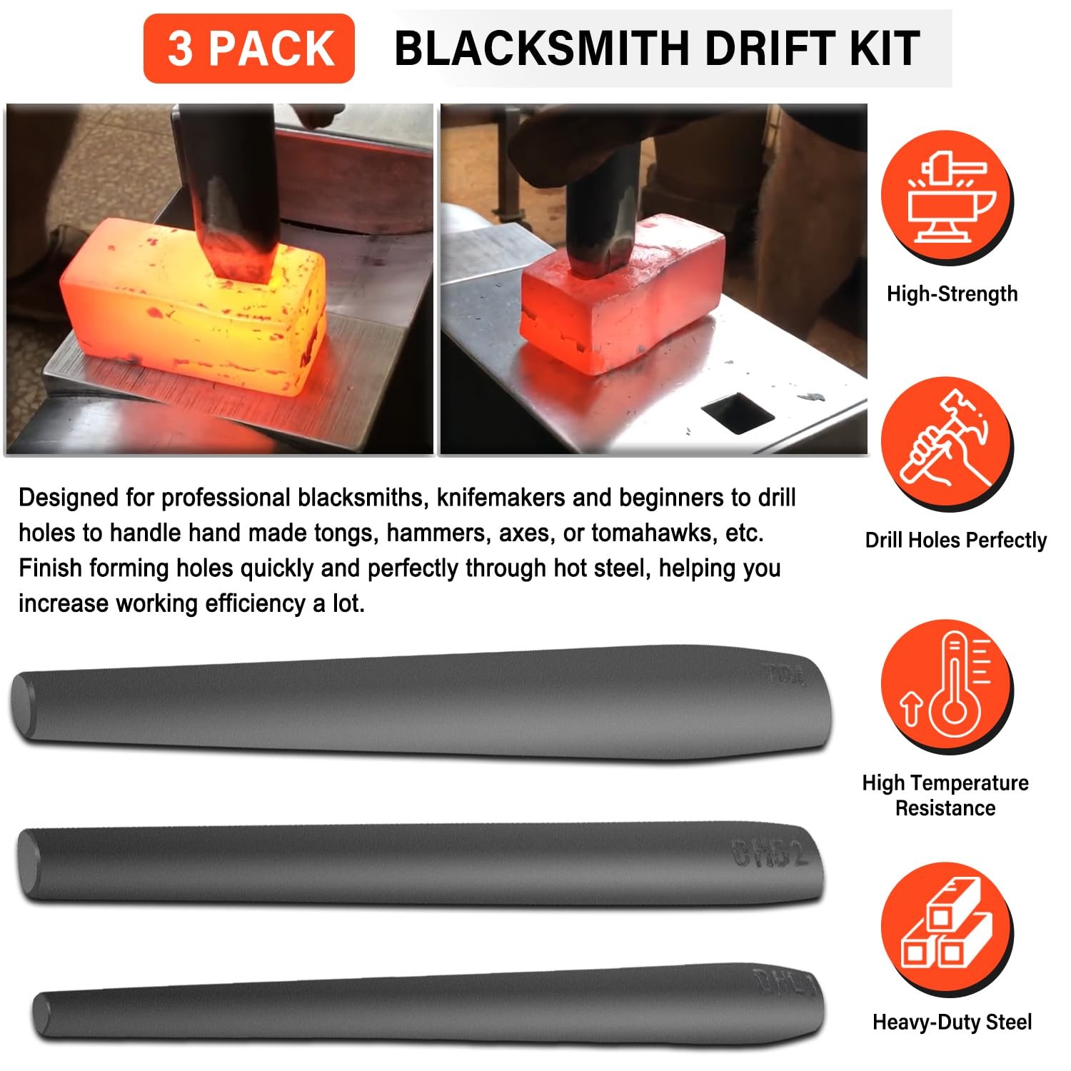 Blacksmith Knifemakers Tomahawk, Large Hammer and Mouse ax Drift Tool Set 3Pcs