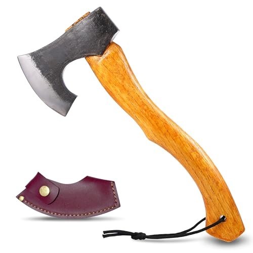15.35″ Camping Hatchet, Forged Steel Axe with Leather Sheath, Bearded Wood Split