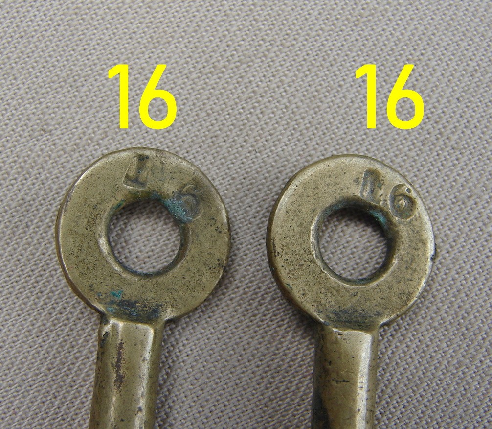 TWO Miniature 1.25 inch Brass Hollow Barrel Keys Stamped 16