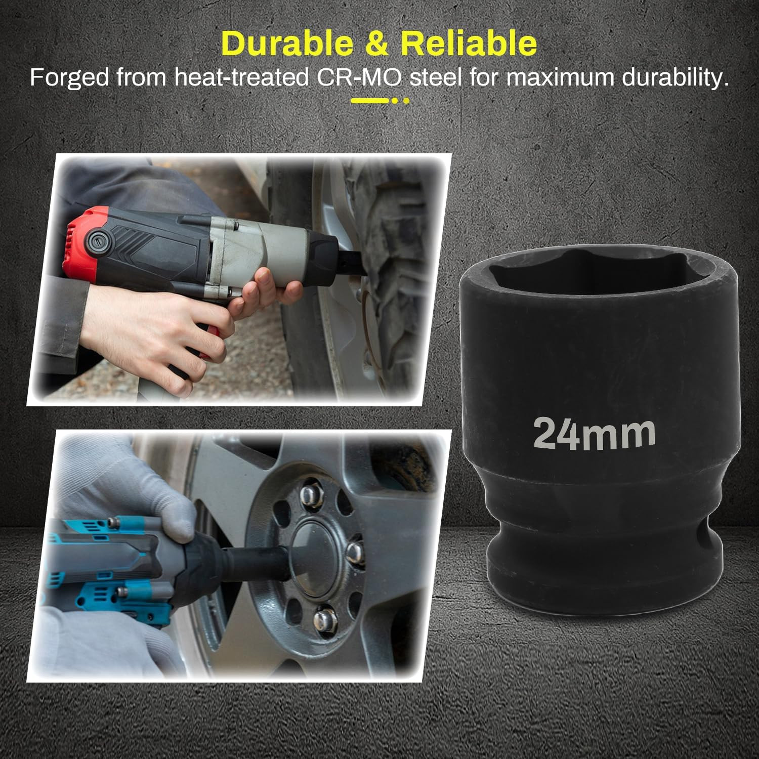 1/2 Inch Drive 24Mm Deep Impact Socket, CR-MO 6 Point Heavy Duty Metric Axle Nu