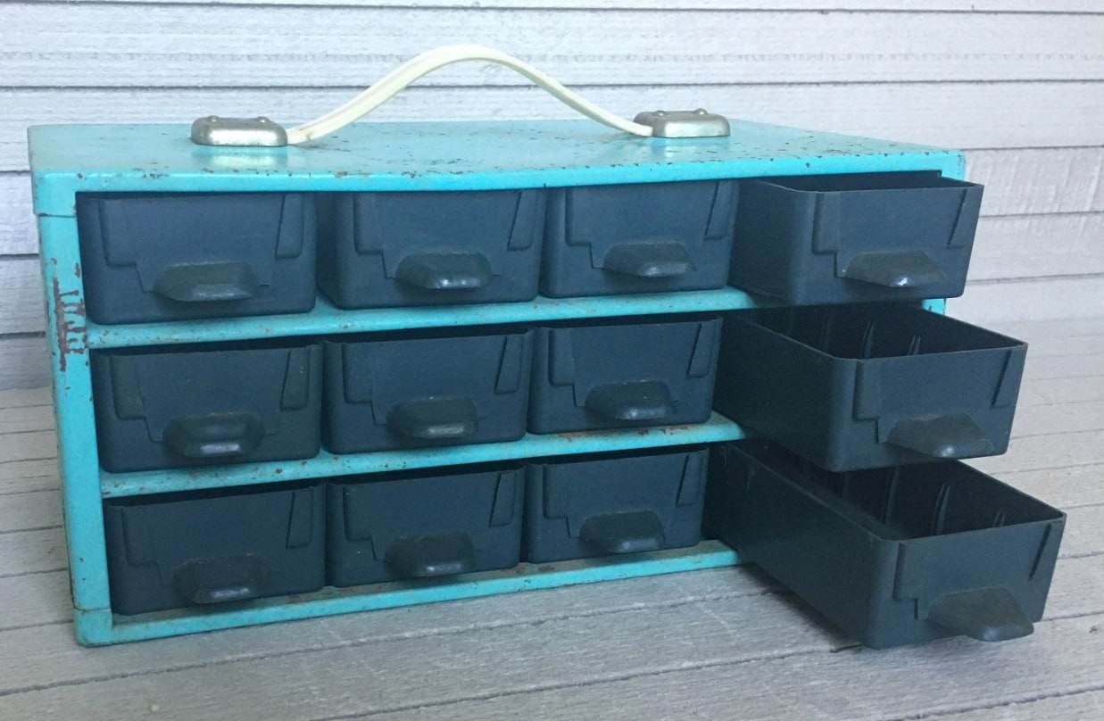 UNIQUE blue metal vintage BOX, Storage Bin with multiple containers, organizer,
