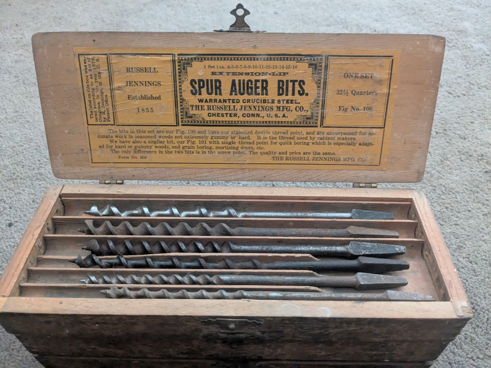 Antique Russel Jennings Spur Auger Drill Bits 32-1/2 Quarters Tool Fig 100