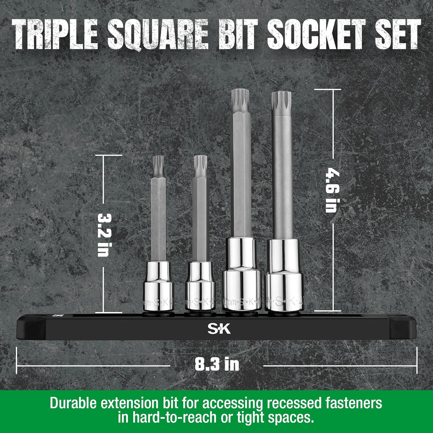 4-Piece Metric Triple Square Bit Socket Set, 3/8″ & 1/2″ Drive S2 Steel