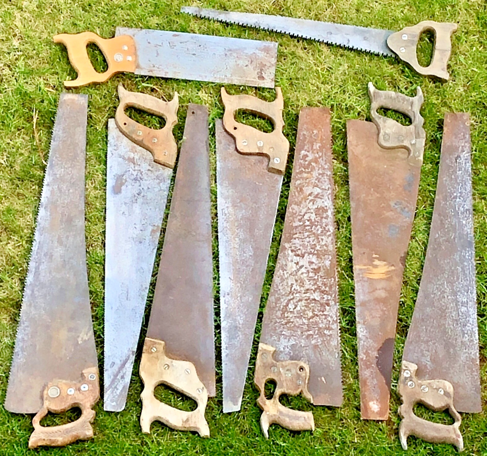 Vintage Handsaw Lot 9 PC Crosscut Pruning Back Saw Disston Carved Wood Handle