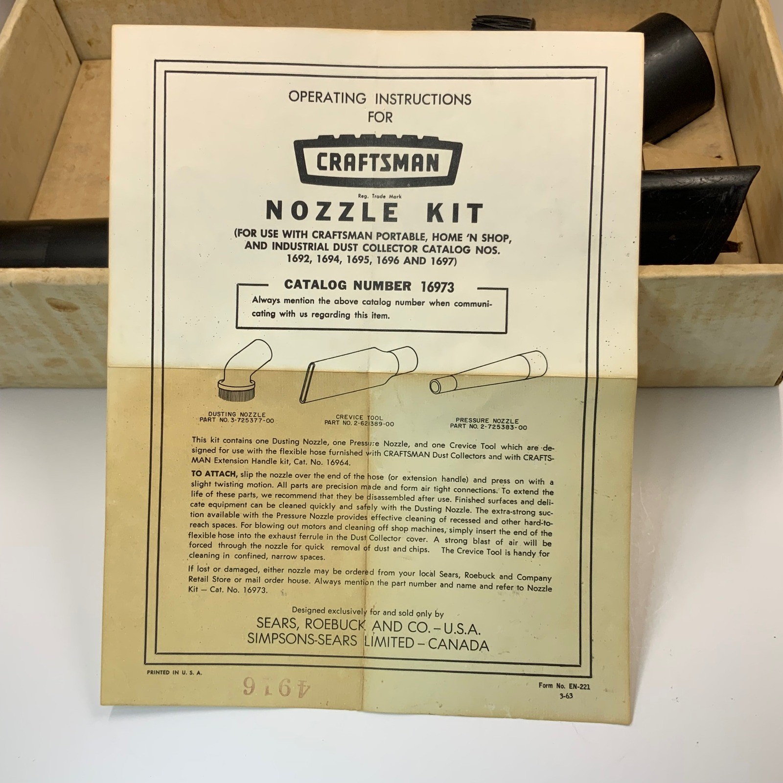 Vintage Craftsman Sears Nozzle Kit 9-16973 Shop Vac Attachments 1963 Boxed