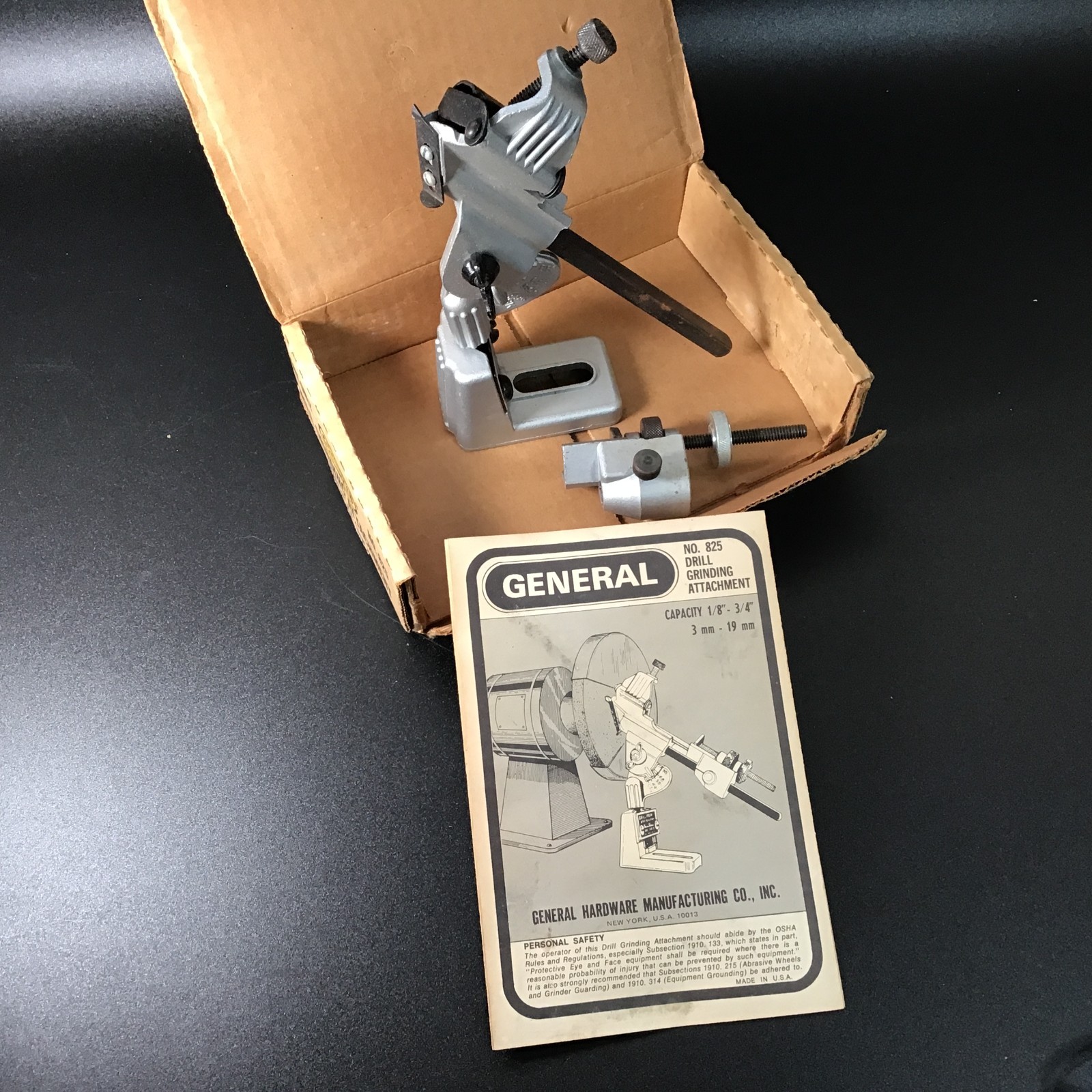 General Drill Bit Grinding Attachment 825 w/Orig Box/Manual Made in USA Vintage