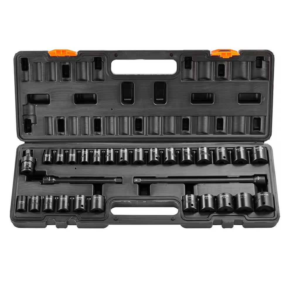 3/8 In. Impact Sockets Set 6 Point Drive Bit Ratchet Tool Kit Case (29-Piece)