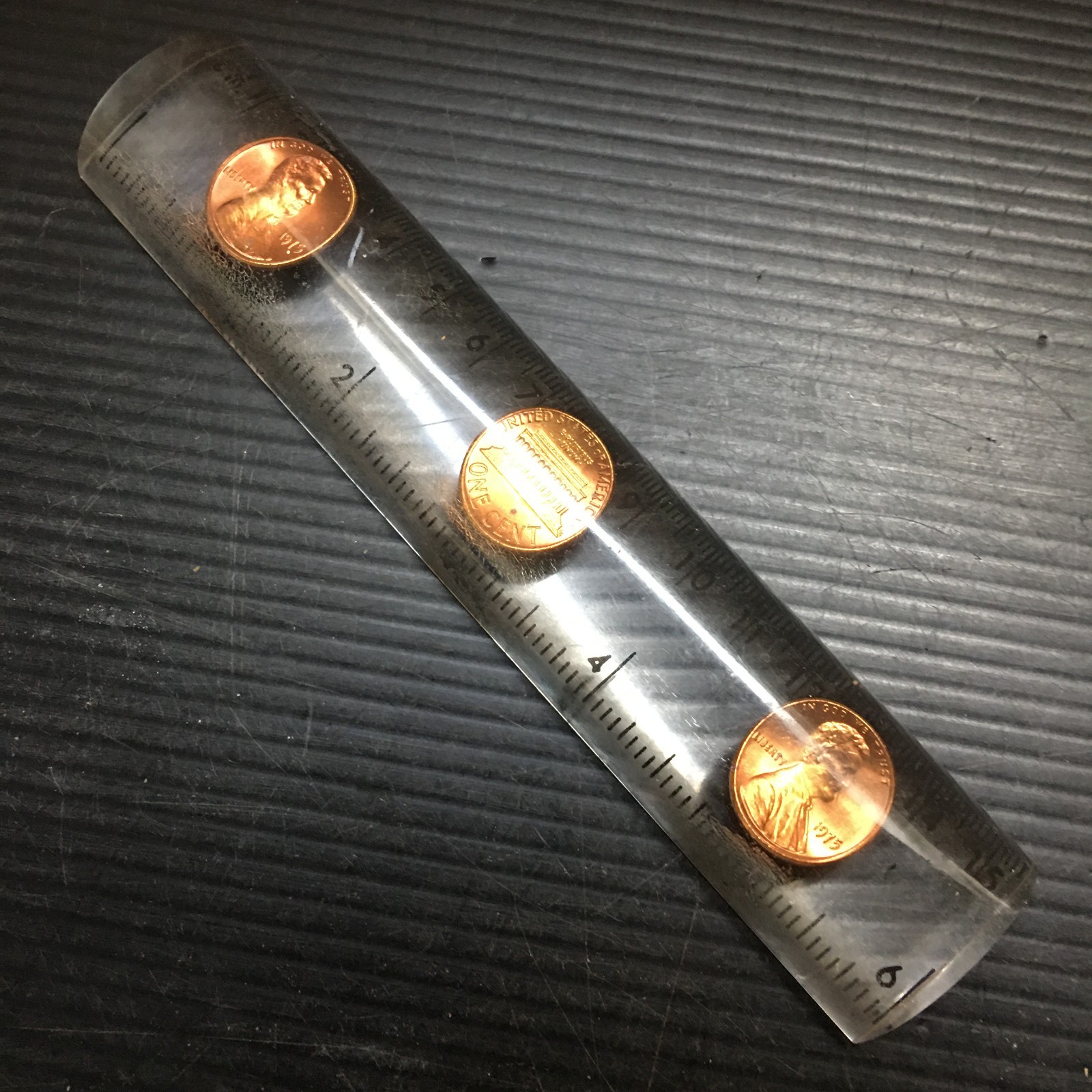 Vintage 80s 6″/ 15cm Curved Sectional Ruler Three Embedded 1975 Lincoln Pennies