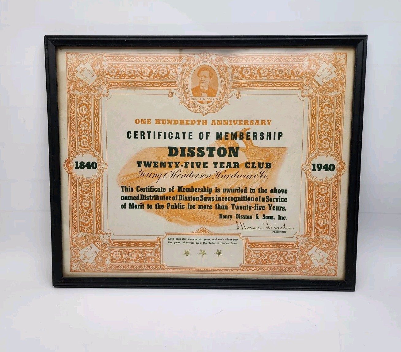 Vintage 1940 Disston Saws Certificate – 100 Year Anniversary – Original Frame