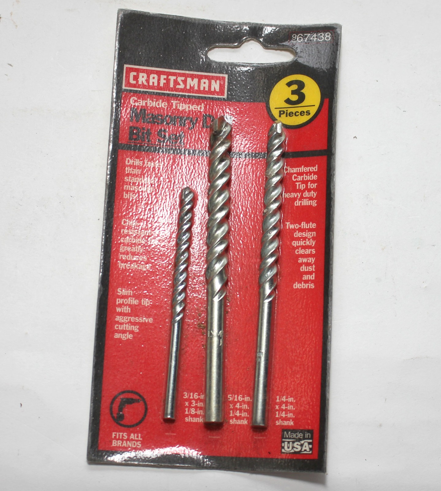 Craftsman 3 Piece Masonry Drill Bit Set 3/16 5/16 1/4 Carbide Tip NOS USA Made