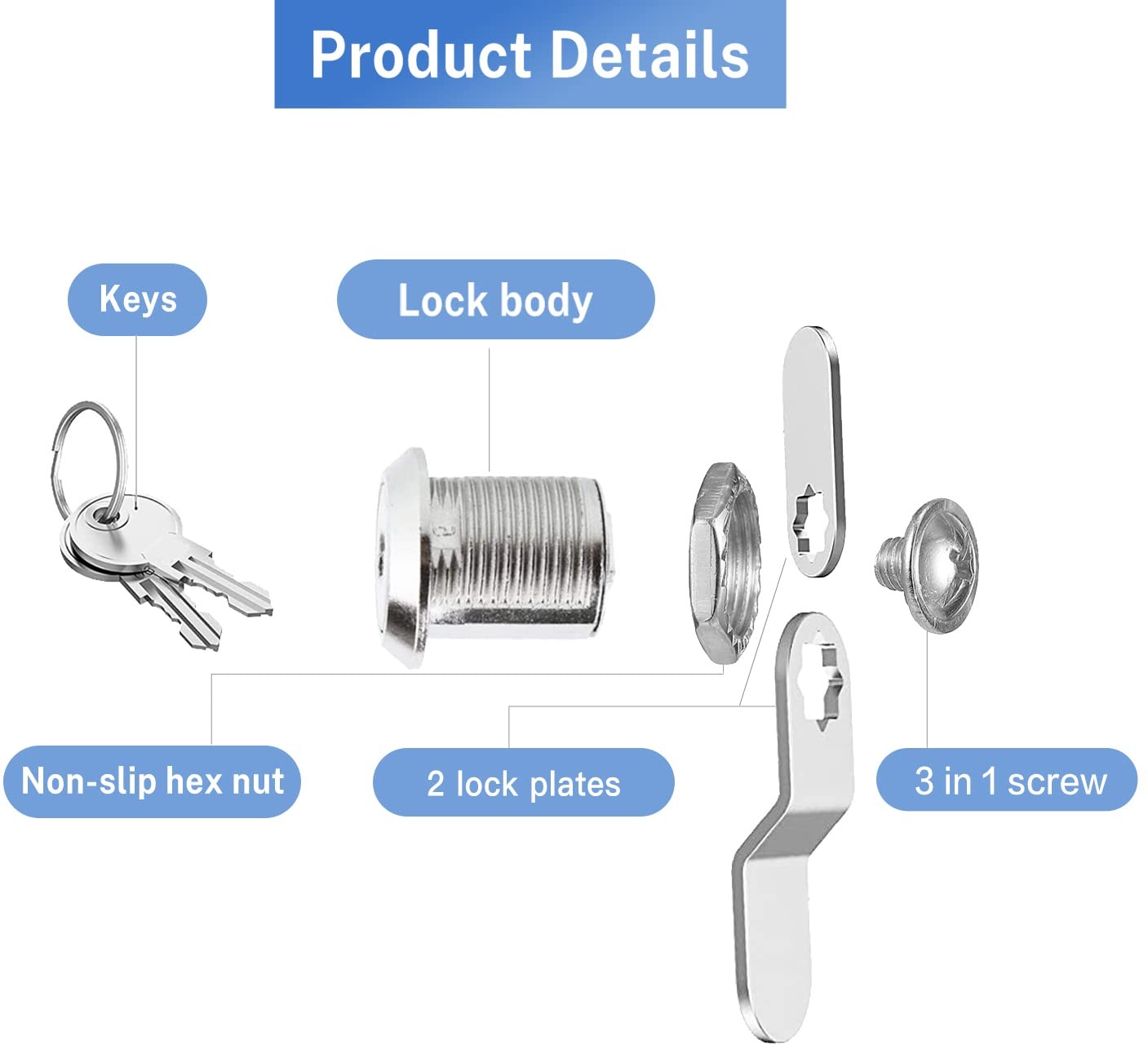 Cam Locks Cabinet Keyed Alike, 5/8” 5/8 Inch 5Pcs, Silver