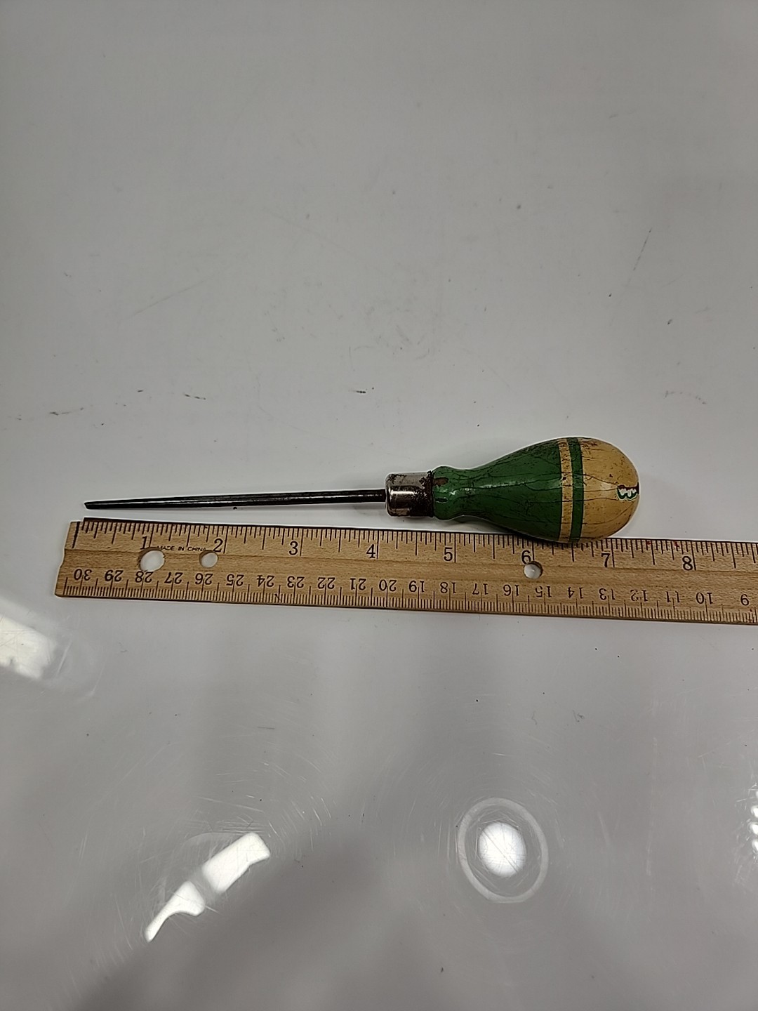 VTG 7.5″ Scratch Awl Ice Pick Wood Green Handle w/ Metal Cap