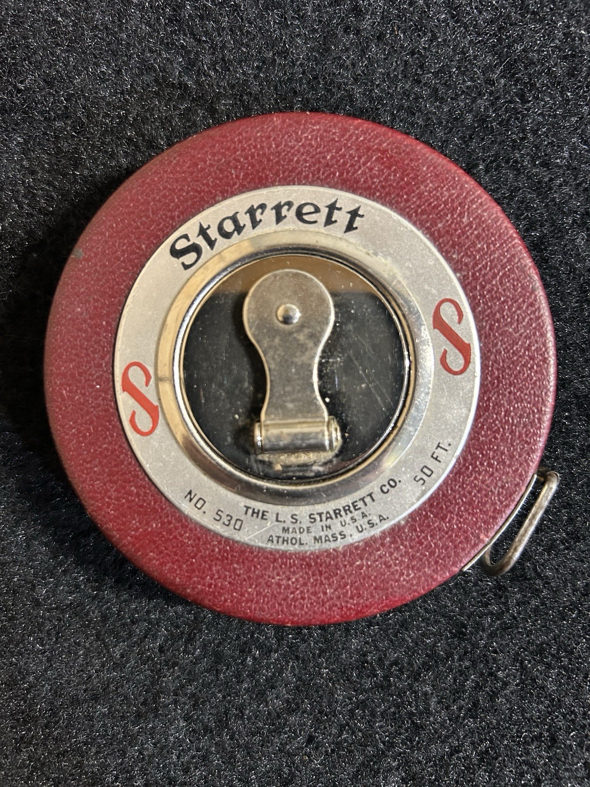 Vintage L.S. Starrett No. 530 50 FT Metal Measuring Tape Wind Up Made In USA B1