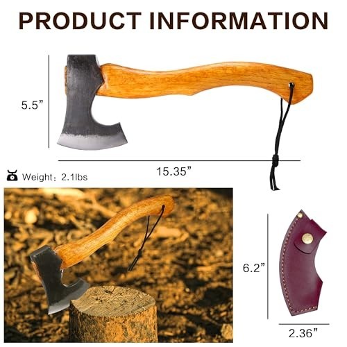 15.35″ Camping Hatchet, Forged Steel Axe with Leather Sheath, Bearded Wood Split