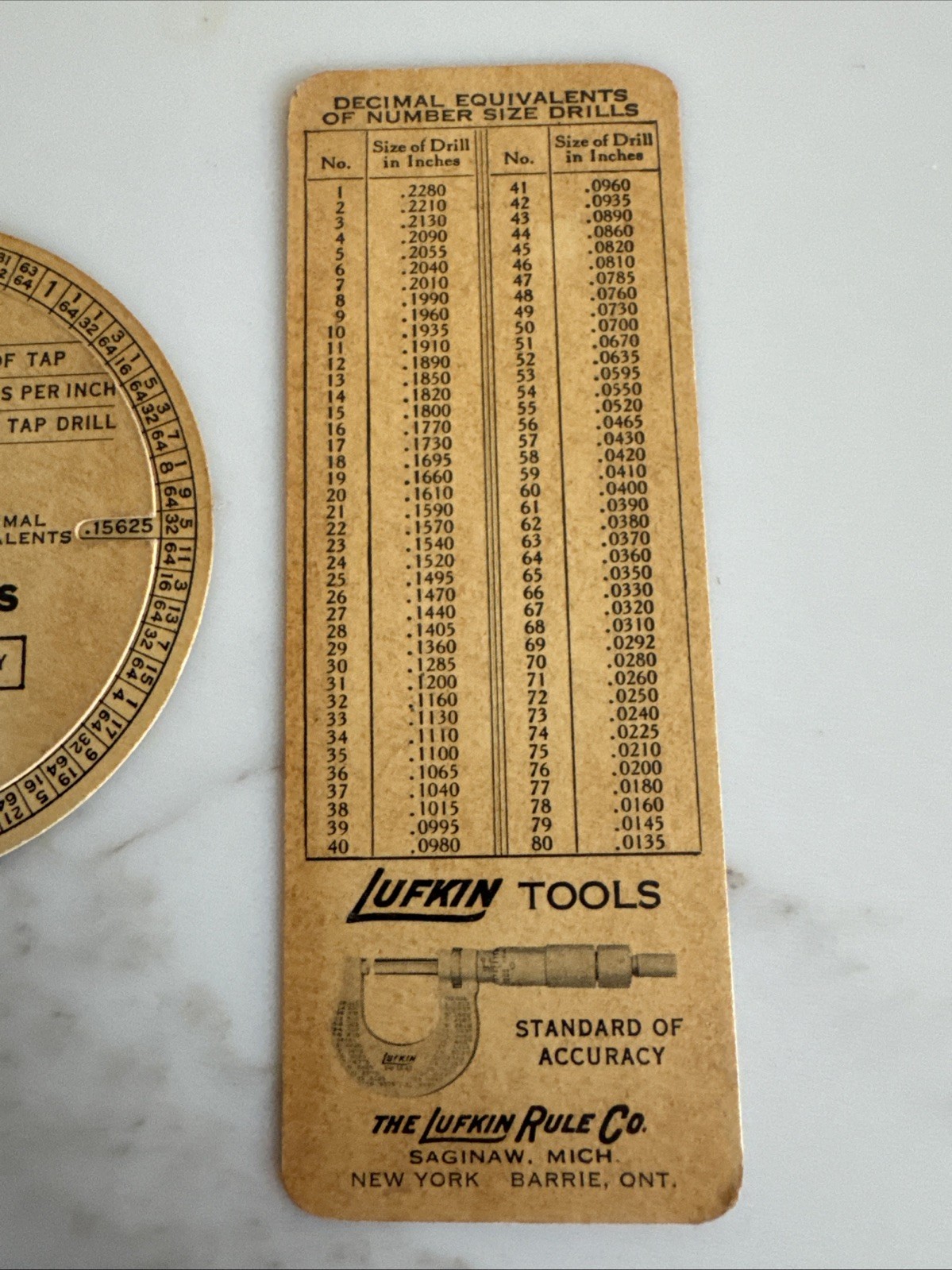 Vintage 1935 Lufkin Tools Wheel Chart Calculator Screw Threads Tap Drill Sizes