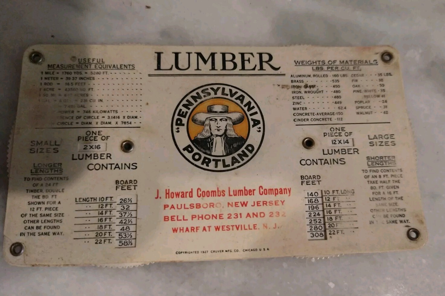 VTG 1927 Pennsylvania Portland Dixie Cements Concrete & Lumber Calculator
