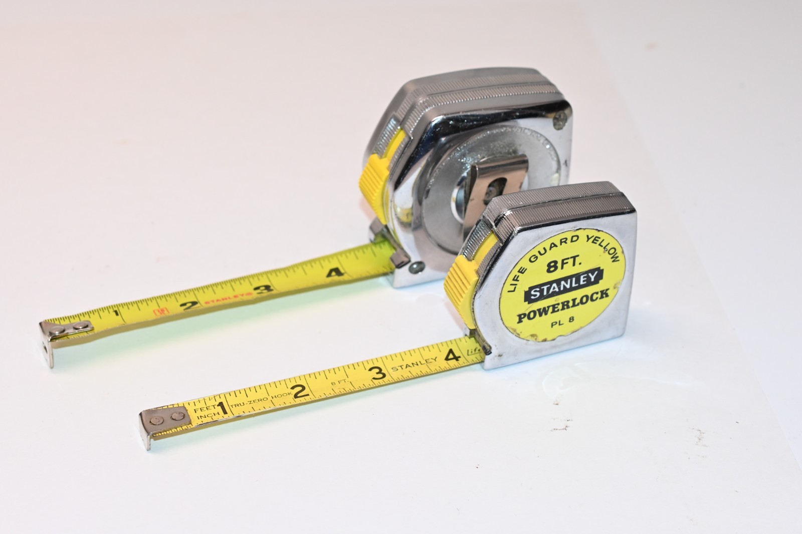 2 Vintage Stanley PowerLock Tape Measures 16ft & 8ft Life Guard Yellow USA