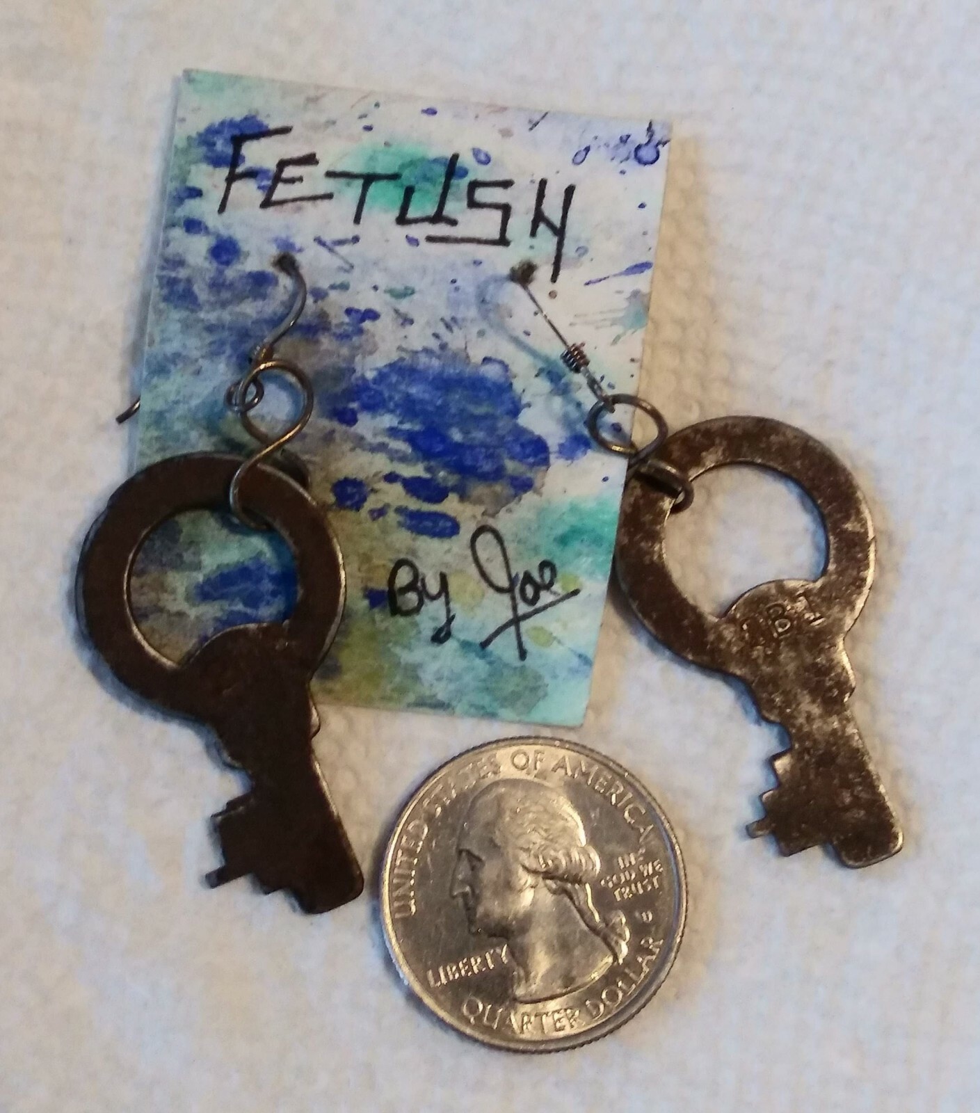 Artisan Earrings Antique SARGENT New Haven CT flat steel KEYS sterling hooks 🔑