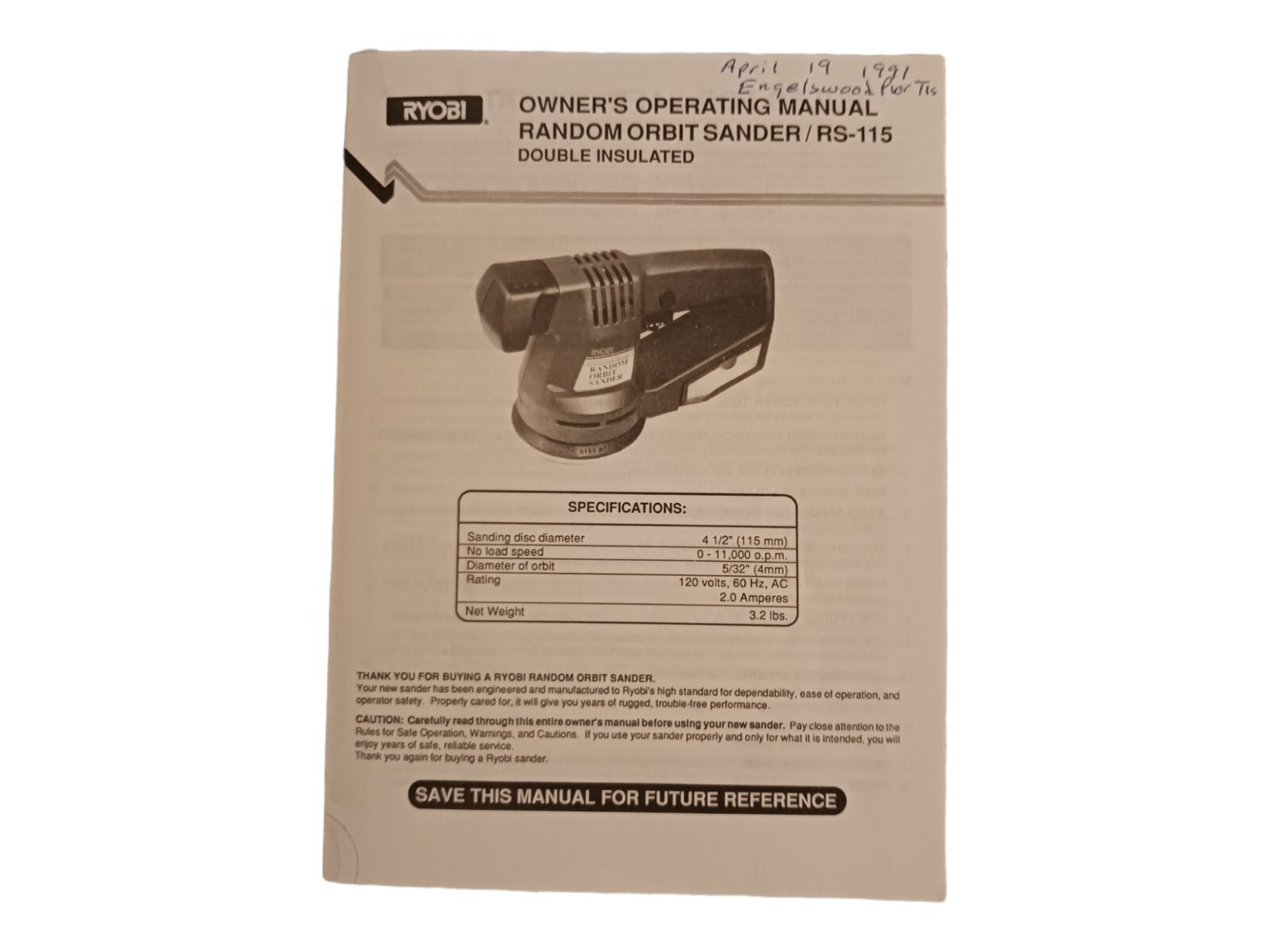 RYOBI Random Orbit Sander RS-115 Double Insulated Owners Guide Booklet Leaflet