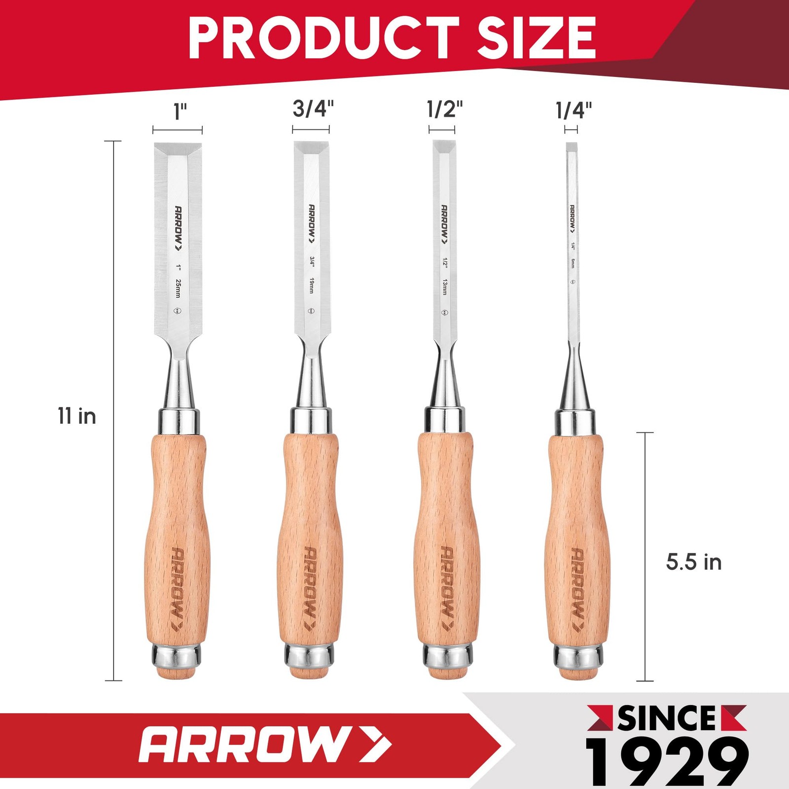 ARROW Wood Chisel Set 4 PCS Ergonomic Beech Wood Handles CRV Steel Beveled