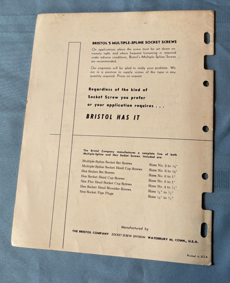 1953 Bristol’s Hex Socket Screws Price List No 895