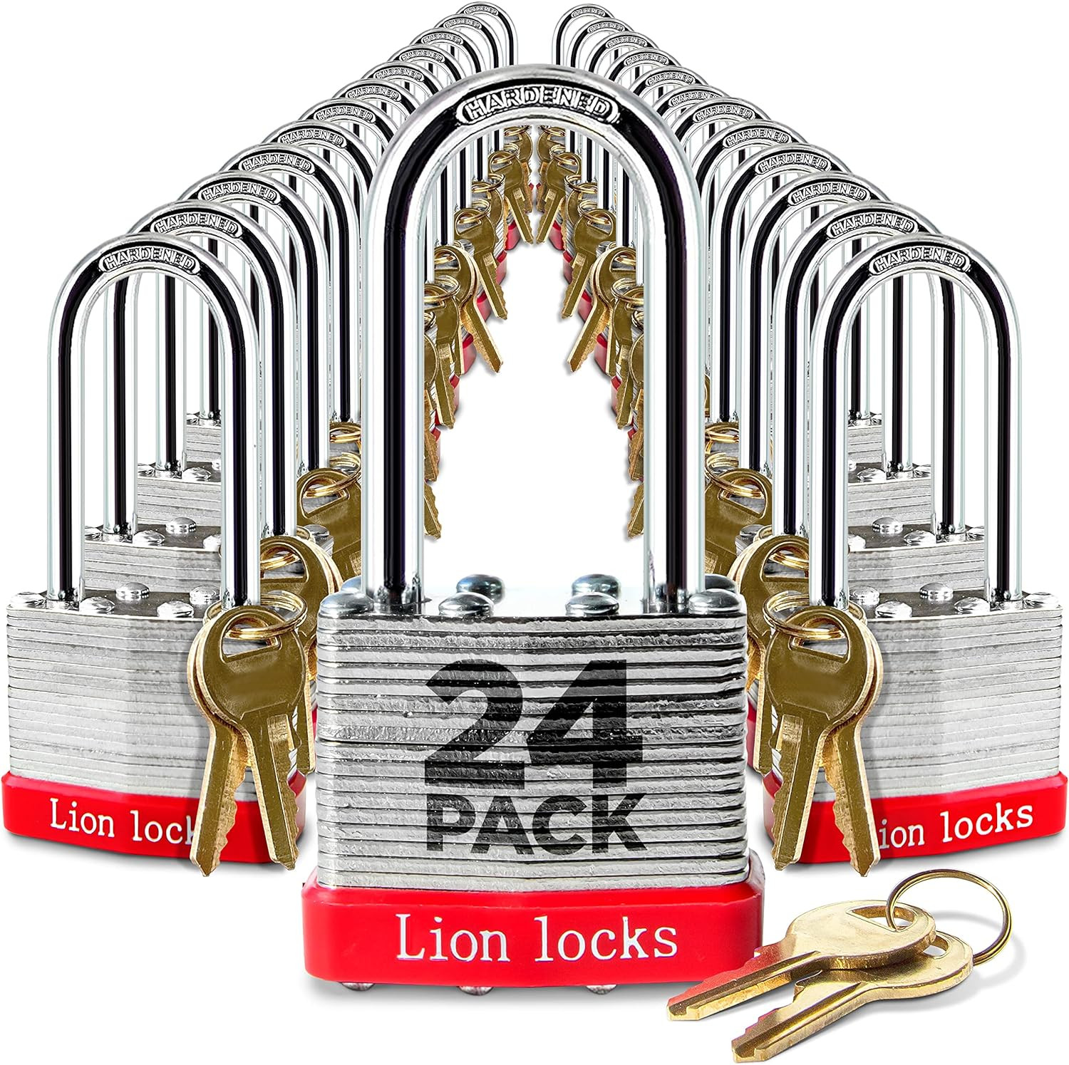 Lion Locks 24 Keyed Alike Padlocks with 2″ Long Shackle, 48 Keys – Padlocks for
