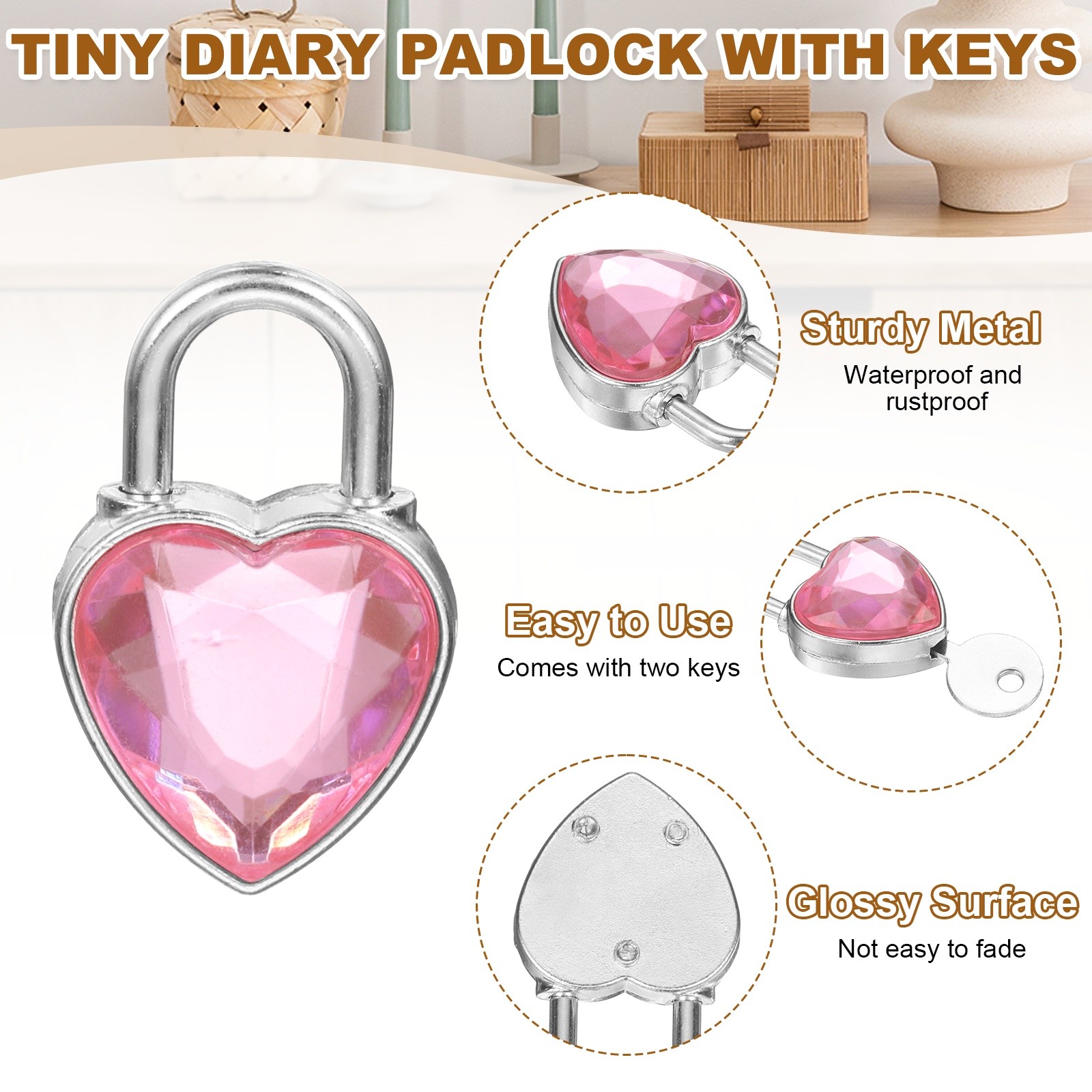 10Pcs Mini Diary Padlock, Small Heart Shaped Lock with 2 Keys Medium Pink