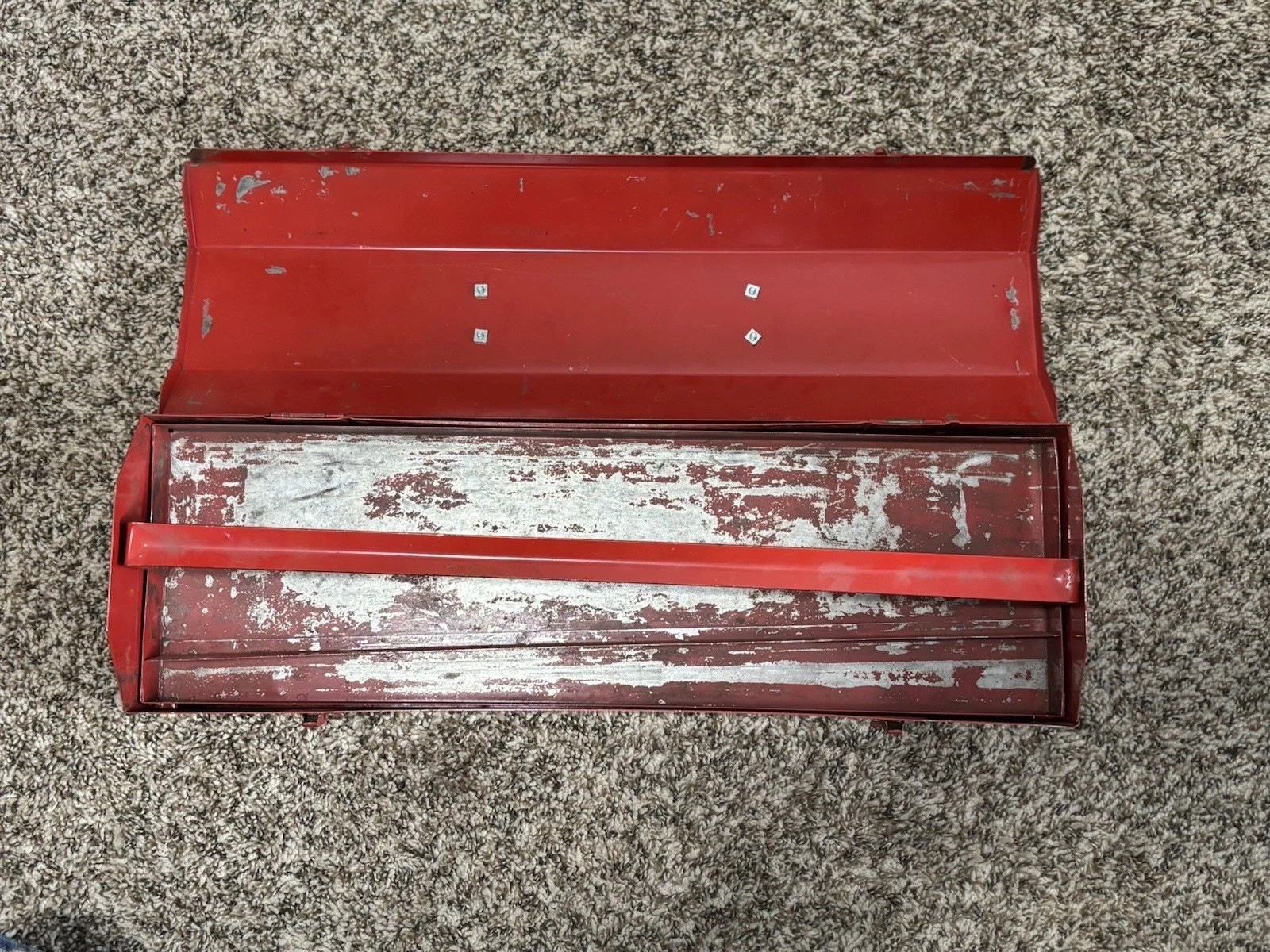 RED Vintage Metal USA Hip Roof Style 19″ Carpenter TOOL BOX with Tray -Rustic