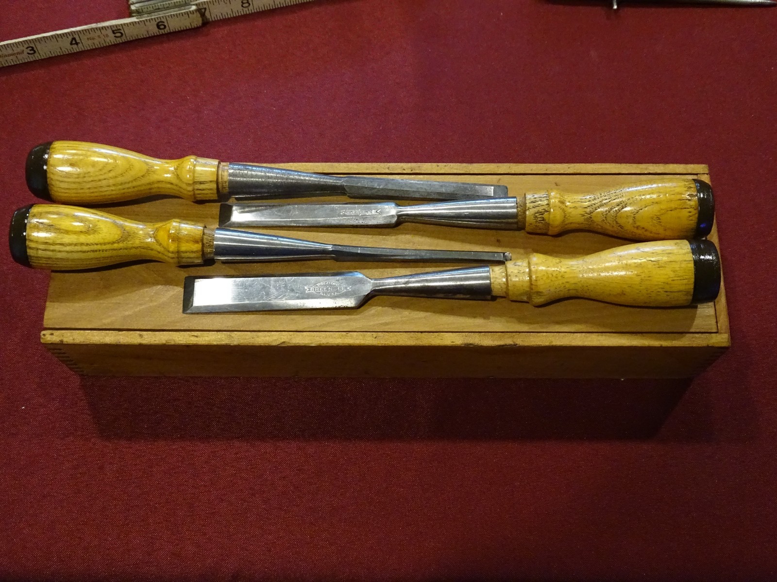 Greenlee, Rockford IL 4 Piece Short Socket Firmer Chisels in Finger Jointed Box